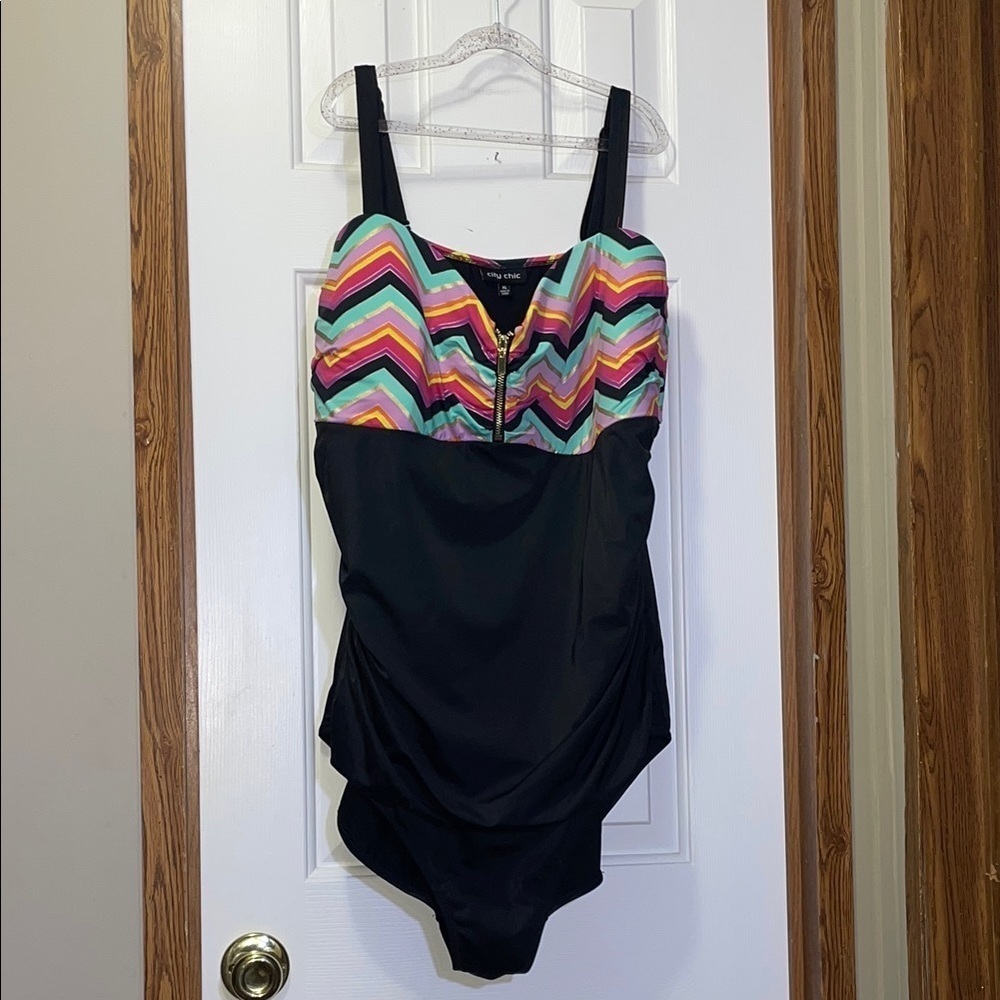 City Chic Multicolor Chevron One Piece Swimsuit XL EUC